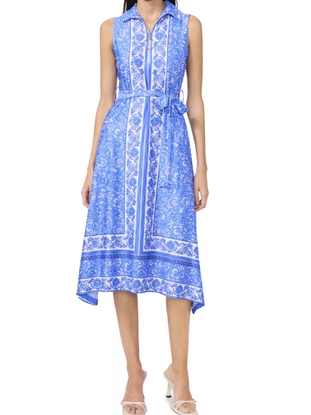 MSK Blue Paisley-Print Sleeveless Shirt Midi Dress with Tie Waist